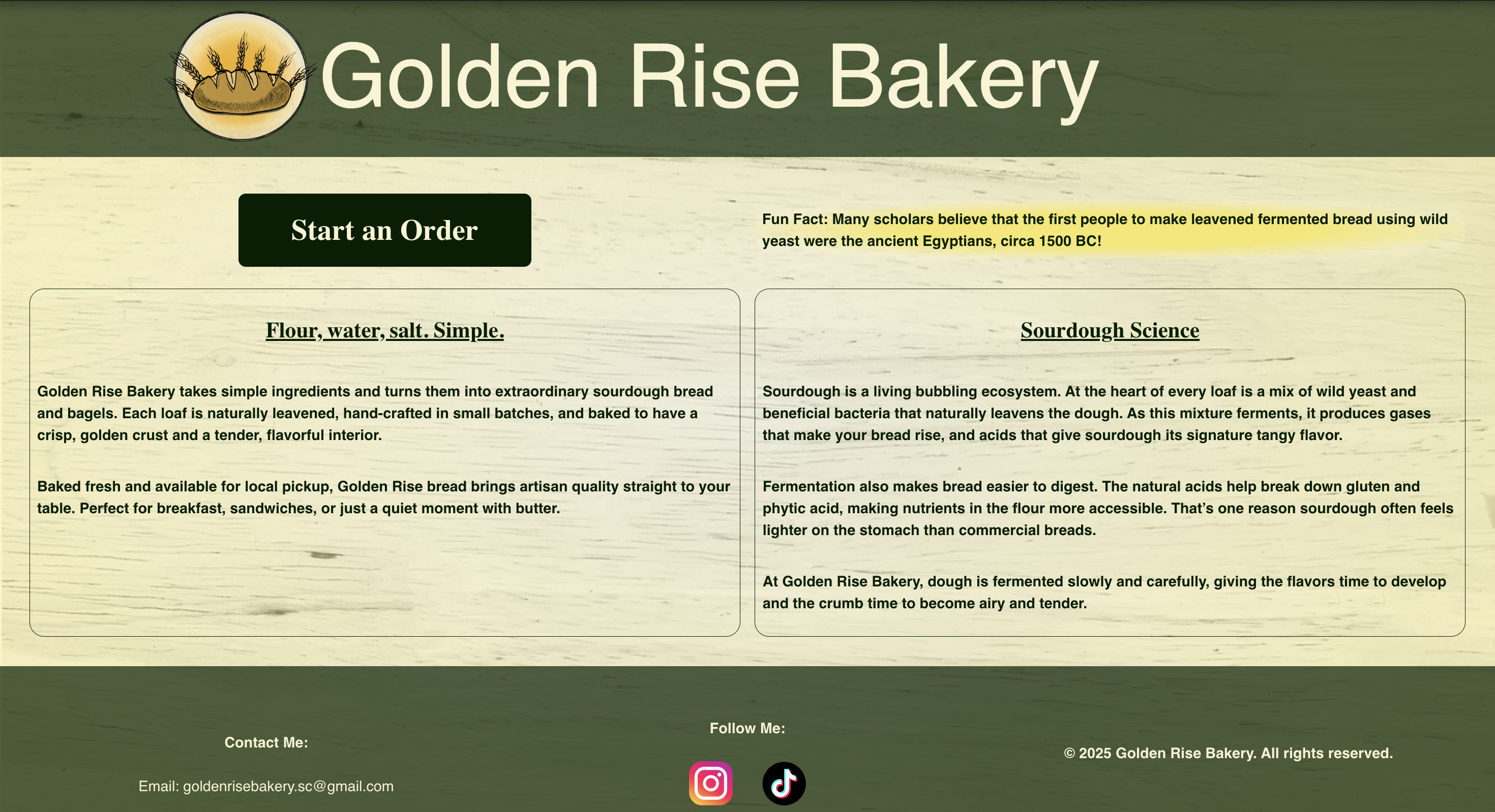 A screenshot of the Golden Rise Bakery home page