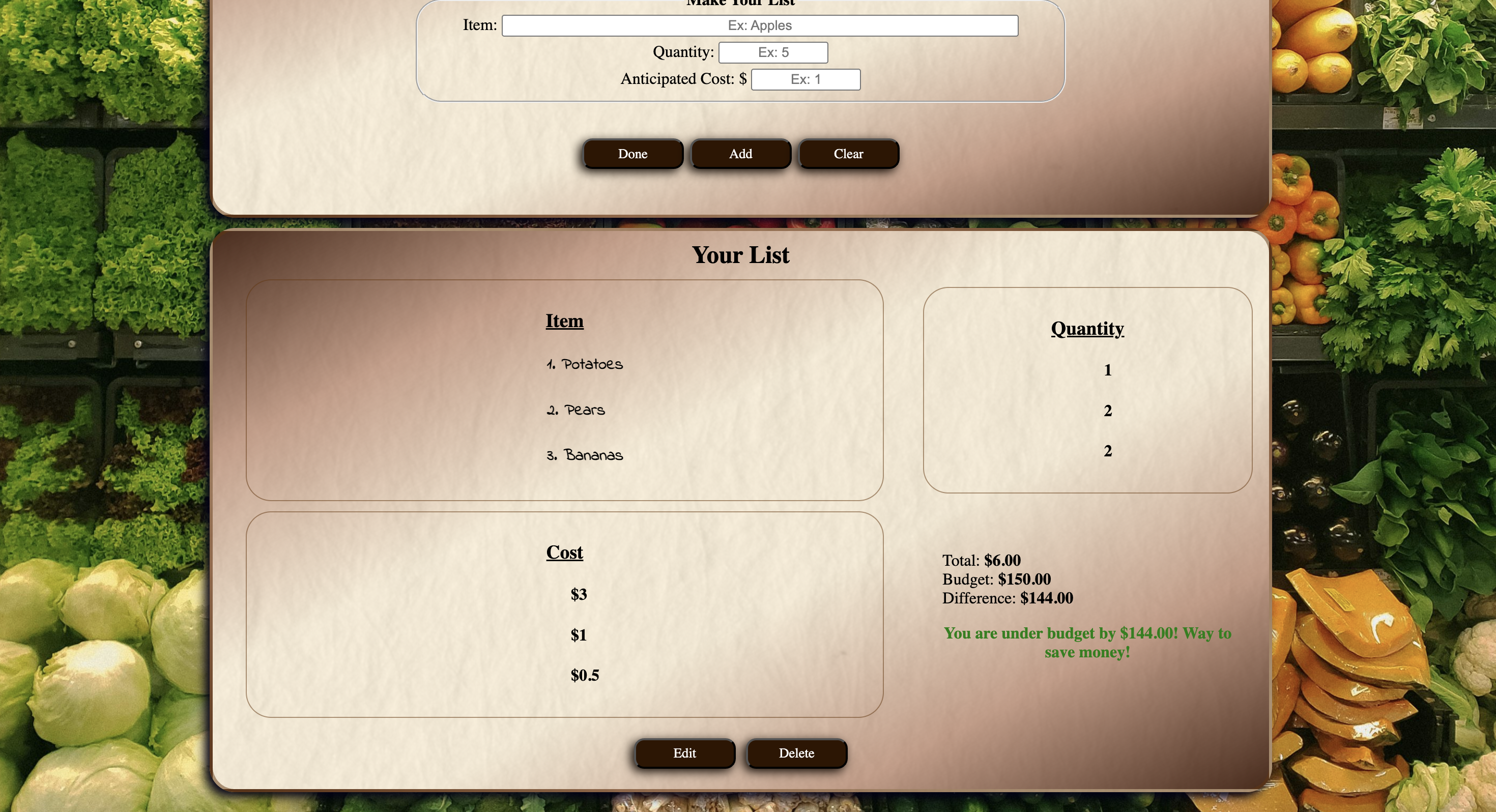 New grocery list with modified values