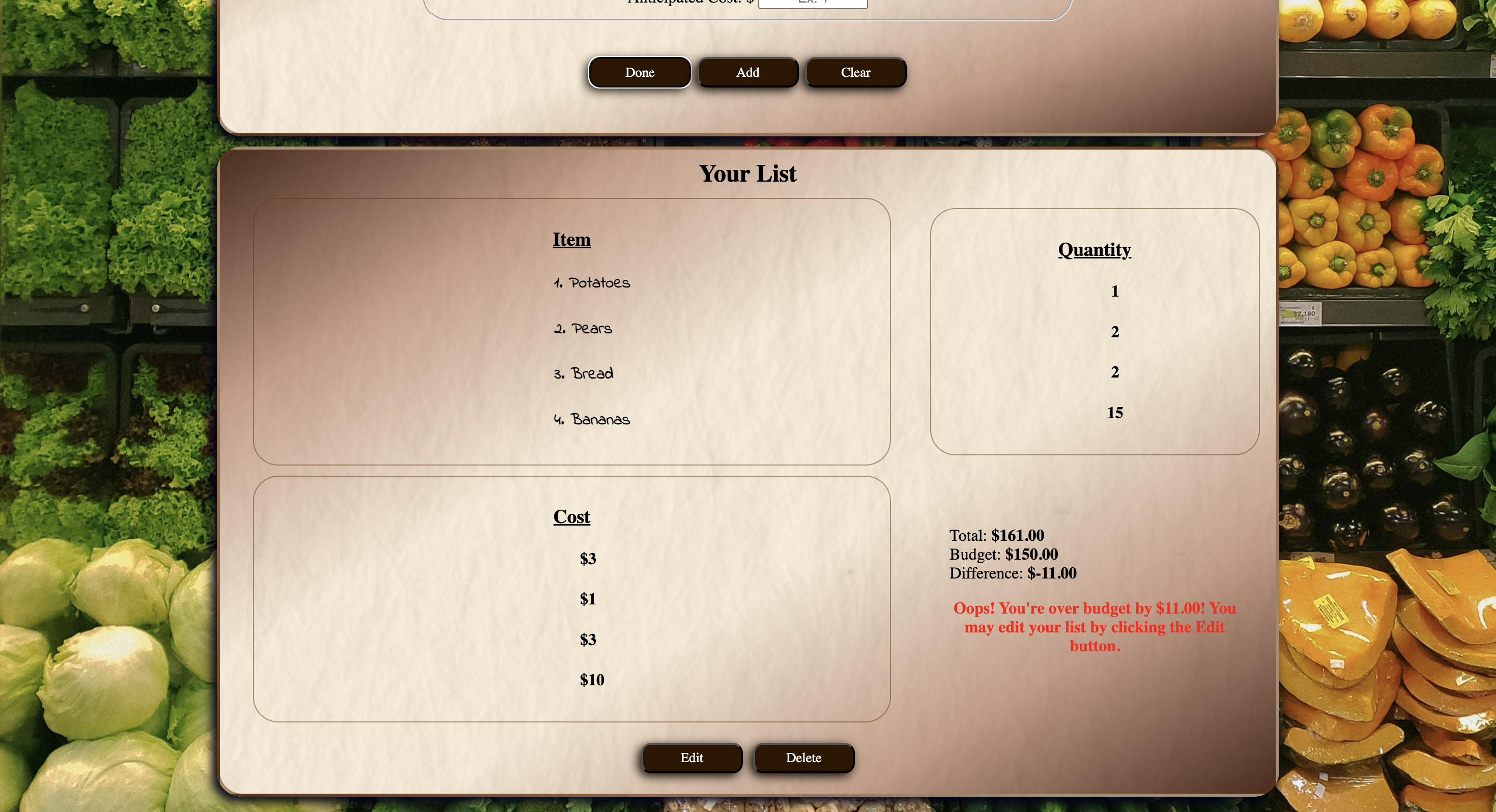 Grocery list and message stating that the grocery list is over budget
