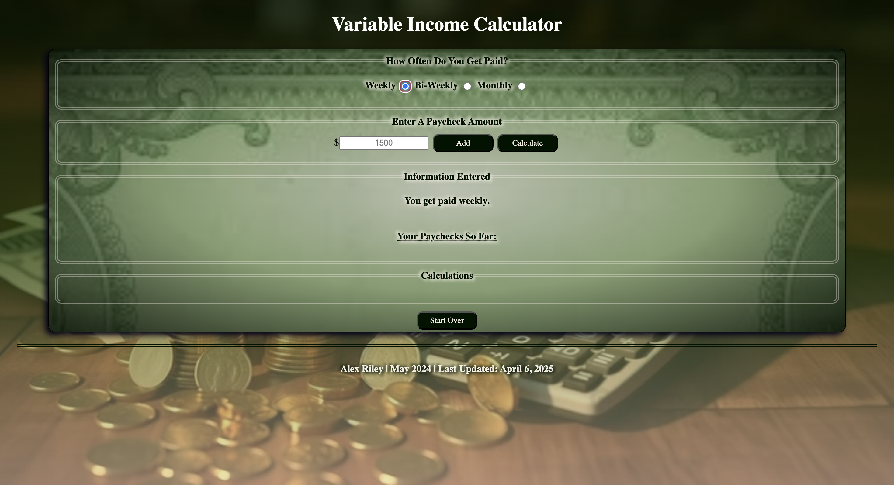 Selecting a pay frequency on the variable income calculator